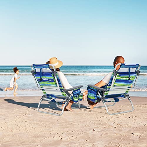 Tangkula Set of 4 Backpack Beach Chair, 5-Position Lay Flat Beach Chairs with Cooler Bag, 2 Cup Holders, Towel Bar, Lightweight Folding Beach Chair with Backpack Straps - color: Blue, style: 4 Pack