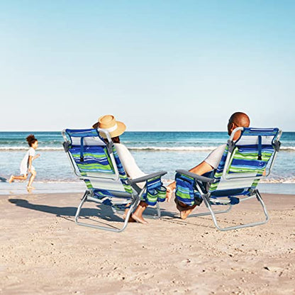 Tangkula Set of 4 Backpack Beach Chair, 5-Position Lay Flat Beach Chairs with Cooler Bag, 2 Cup Holders, Towel Bar, Lightweight Folding Beach Chair with Backpack Straps - color: Blue, style: 4 Pack