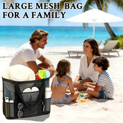 GYEUKHAM Mesh Beach Bag for Women, Sand-Resistant Pool Tote, 9 Pockets (1 Inner Zip), Foldable Family Travel Essentials - color: L-black