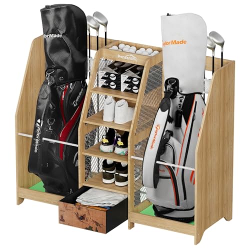 Golf Bag Storage Organizer for Garage, Premium Wooden 2 Golf Bags Rack with Drawer, Easy Assemble Golf Club Stand/Holder Suitable for Garage Home Simulator and Office - color: White