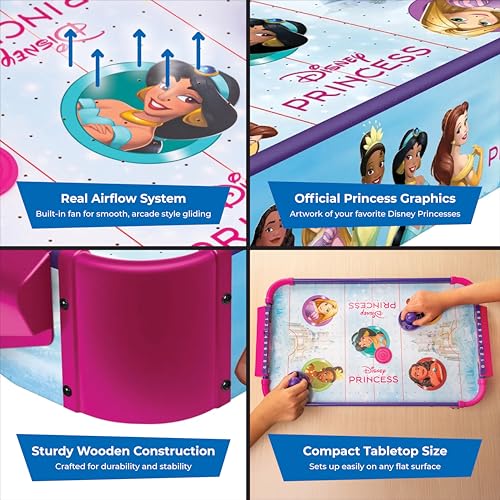 Disney Princess Air Hockey Table for Kids - Wooden Tabletop Game with Puck, Pushers & Air Flow System - Disney Licensed - Kids 4+