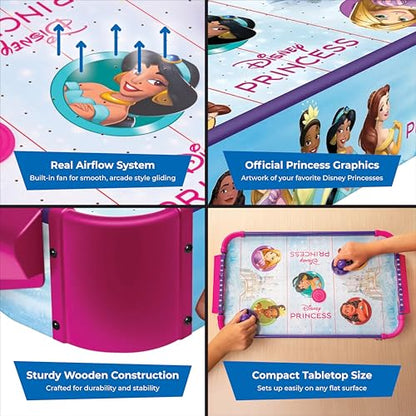 Disney Princess Air Hockey Table for Kids - Wooden Tabletop Game with Puck, Pushers & Air Flow System - Disney Licensed - Kids 4+