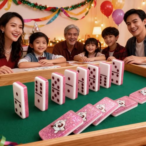 IDTQ Cute Cat Dominoes Set for Adults - Pink Double 6 Dominoes with 28 Tiles, Adorable Cat Print Design - Family Game Night & Gifts for Cat Lovers - color: Pink