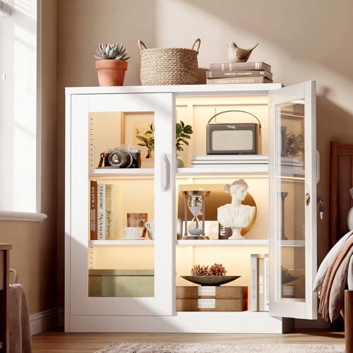 VINGLI Lockable Display Cabinet with Glass Door & 3 Shelves, 35.5" H Metal Storage Cabinet Curio Liquor, Bookshelf Bookcase for Home Office Living Room Pantry Garage (White) - color: White, size: 35" Glass Door Cabinet