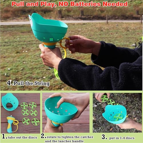 Disc Launcher Toy Kids Yard Flying Spinner Fairy Hover Helicopter Propeller Toy Outdoor Capture Catching Chasing Game Gift for Boy Girl Age 4 5 6 7 8 9 10 with 12 mini Discs