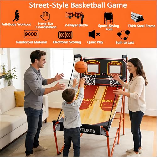 Foldable Electronic Scoring Basketball Shooting Machine, Arcade Basketball Game Machine, Two-Player Basketball Shooting Machine,2 Hoops + 5 Basketballs,LED Scoreboard,4-Button Operation, 8 Modes