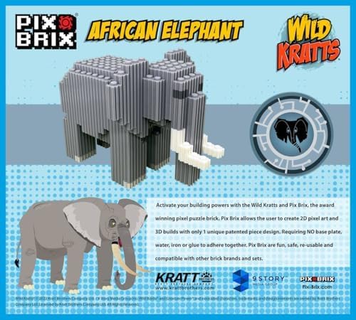 Pix Brix - Toy Pixel Art Kit - African Elephant, 906 Pieces - Patented Slide + Stack Pixel Puzzle Building Bricks, Build & Collect Animals - Stem Toys, Ages 6 Plus - style: African Elephant