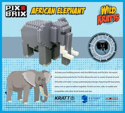 Pix Brix - Toy Pixel Art Kit - African Elephant, 906 Pieces - Patented Slide + Stack Pixel Puzzle Building Bricks, Build & Collect Animals - Stem Toys, Ages 6 Plus - style: African Elephant