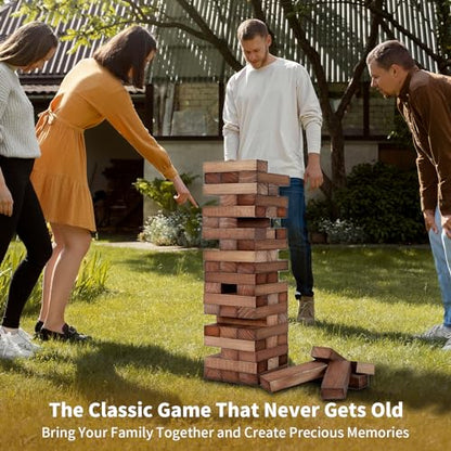 ApudArmis Giant Tumble Tower Stack to Over 5Ft, 56 PCS Pine Wooden Stacking Timber Game with 1 Dice Set - Classic Block Giant Outdoor Game (7.48 * 2.48 * 1.5In Each Block, Brown) - color: Brown, size: XL-Over 5FT