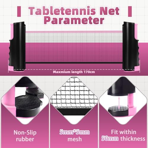 Sportout Retractable Ping Pong Net – 72-Inch Table Tennis Net with Secure Clamps | Portable Design for Universal Table Compatibility - color: Pink