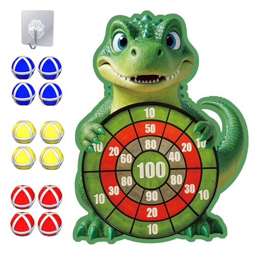 Cartoon Dinosaur Themed Toss Game Banner with 12 Sticky Balls, 30” Large Dino Dart Board for Indoor Outdoor Games Birthday Party Supplies