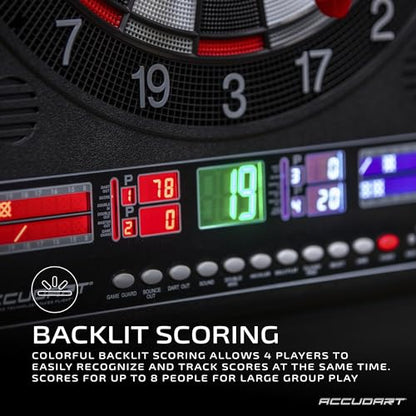 Accudart Apollo Electronic Dartboard Cabinet – 38 Games, 137 Variations, Virtual Opponent, Backlit Scoring, Cricket X/O Displays, Black Woodgrain Doors – Includes Soft‑Tip Darts