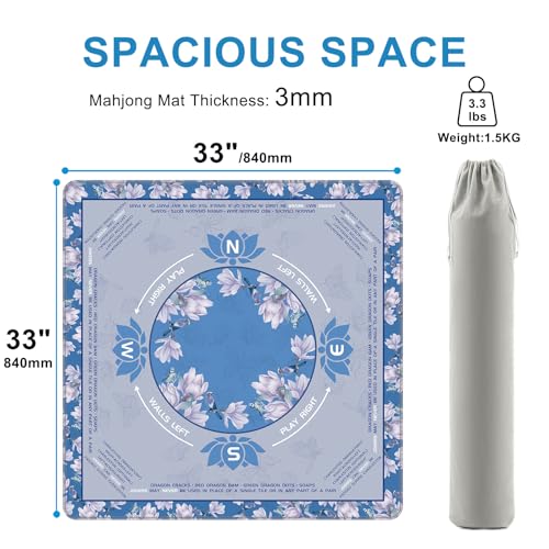 LZSIG Blue Foral Mahjong Mat for Table with Printed Rules, 33×33 Inches | Anti-Slip, Waterproof, Noise-Reducing Table Cover for American Mahjong, Poker, Board Games , Dominoes, and Card Games - color: Blue-3