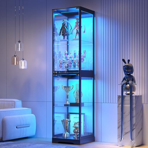 Glass Display Cabinet with Doors, 65" Tall 4-Tier Curio Display Case with 3 Color Lights and Human Body Sensor, Bookcase for Collectibles, Black - color: 97094-black