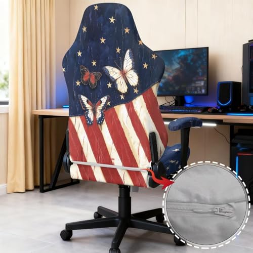 American Flag Print Gaming Chair Covers Slipcovers with Armrest Cover Butterfly Printed 250th Anniversary Decoration Gamer Desk Chair Covers Fits Most Office/PC Chairs & Racing Style Seats - color: Blue and White - American Flag Butterfly