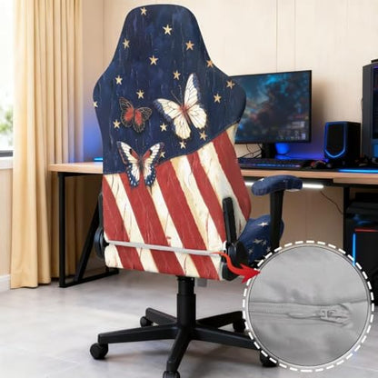 American Flag Print Gaming Chair Covers Slipcovers with Armrest Cover Butterfly Printed 250th Anniversary Decoration Gamer Desk Chair Covers Fits Most Office/PC Chairs & Racing Style Seats - color: Blue and White - American Flag Butterfly
