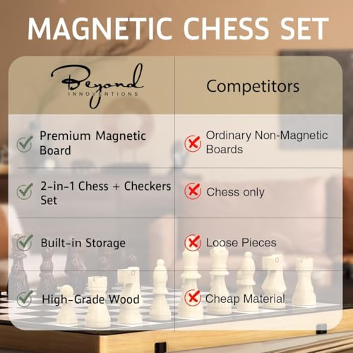 Wooden Magnetic Chess Set & Checkers Board Game, 17” Foldable Chess Board | Solid Wood 2-in-1 Board Game for Adults with Storage Box, 2 Extra Queens, Portable Travel Chess Set for Kids & Beginners - size: XL (17" x 17")