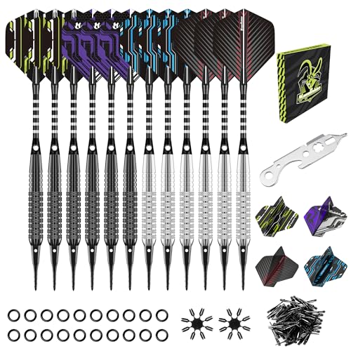 Soft Tip Darts Set 12 Pack, 18g, with 50 Extra Tips, 16 Flights, 20 O-Rings, 2 Flight Protectors, Wrench for Electronic Dart Board - color: Black And Sliver