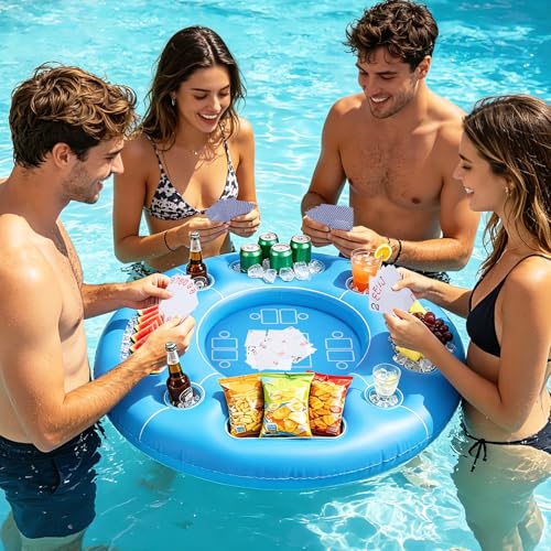 Biggun Floating Pool Game Table - Spacious Inflatable Board Games Table with Waterproof Playing Cards, Fun to Use Food Drink Bar for Summer Pool Accessories