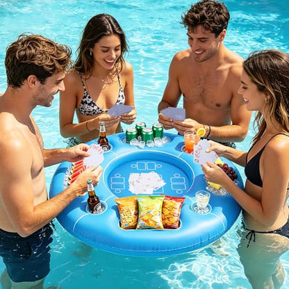 Biggun Floating Pool Game Table - Spacious Inflatable Board Games Table with Waterproof Playing Cards, Fun to Use Food Drink Bar for Summer Pool Accessories
