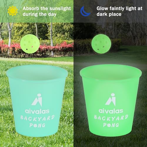 Aivalas Yard Pong Outdoor Games Glow Set in Dark for Adults,Family and Kids,Giant Yard Pong for Beach,Camping,Lawn,Backyard and Yard Parties,with Buckets, Balls and Carrying Bag