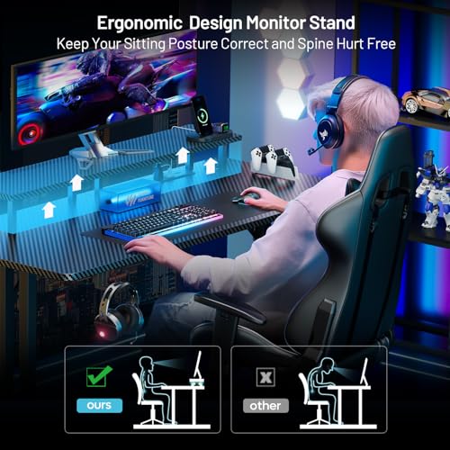 HLDIRECT 55 Inch Gaming Desk with LED Lights & Cable Management, Black | Ergonomic carbon fiber gaming computer desk with 5 sockets, monitor stand, cup holder, headphone hook & mouse pad for gamers - size: 55INCH