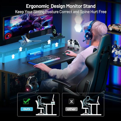HLDIRECT 55 Inch Gaming Desk with LED Lights & Cable Management, Black | Ergonomic carbon fiber gaming computer desk with 5 sockets, monitor stand, cup holder, headphone hook & mouse pad for gamers - size: 55INCH
