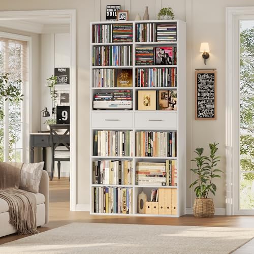 HOSTACK 73" Tall Bookshelf with Drawers, 7-Tier White Bookshelf with Storage, Double Wide Bookcase with 14 Open Book Shelves, Wood Book Case with Adjustable Shelves for Media CD DVD Storage, White - color: White