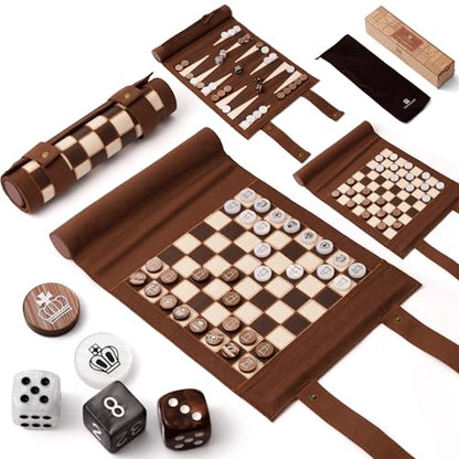 Woodronic 3 in 1 Chess Checkers Backgammon Set, Roll-up Leather Travel Chess Board Game, Portable Travel Backgammon Game Set for Adult, Travel Checkers Game with 32 Amber Pearl Pieces and 5 Dices - color: Espresso