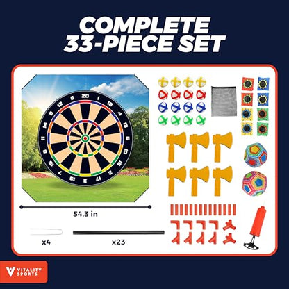 Vitality Sports 4-in-1 Sport Game with Stand - Golf Target Battle Games with Putting Mat, 12 Sticky Balls, 6 Axes, 2 Soccer Balls, 8 Bean Bags, Axe Throwing Game for Backyard
