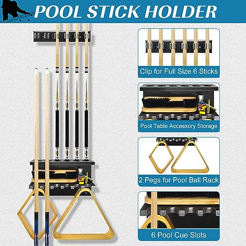 Pool Stick Holder Pool Cue Rack Wall Mount Pool Cue Holder for 6 Sticks Billiard Pool Table Accessories Organizer, Black - color: Black