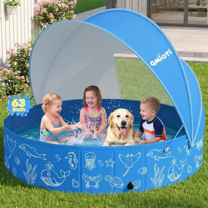 63in Kiddie Pool with Canopy, Foldable Kids Pool with Detachable UPF 50+ Sunshade, Portable Non-Slip Swimming Pool Dog Pool for Backyard, Beach, Outdoor Summer Water Play - size: 63IN