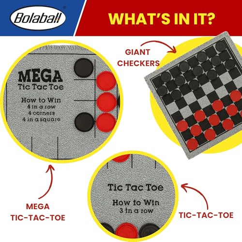 Bolaball 3-in-1 Jumbo Checkers & Tic Tac Toe Game Set with Carry Bag – Giant Outdoor Board Games, Family Games, Reversible 26" x 26" Board, 24 Easy-Grip Chips, for 13+ Age - style: Giant Checker