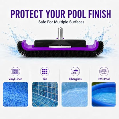 17.5" Pool Brush Head, Curved Swimming Pool Cleaning Brush with Reinforced Aluminum Back & Nylon Bristles, Heavy Duty Scrubber for Pool Walls, Tiles Floors, Purple - color: Purple