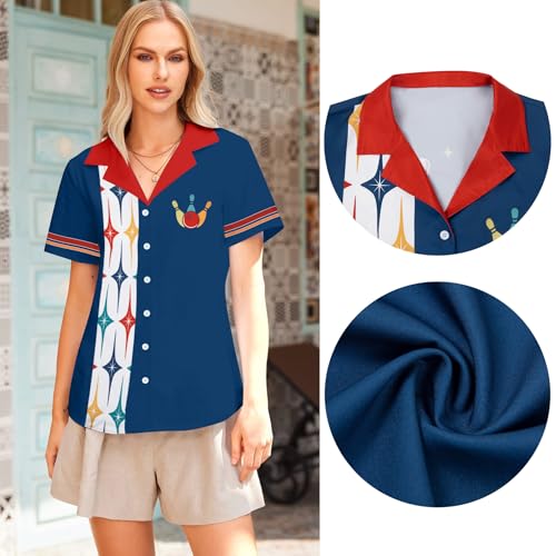 Bowling Shirts Women Hawaiian Bowling Shirt Bowling Lover Gift Tops Bowler Button Down Short Sleeve Tee - color: Blue, size: Large