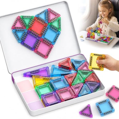 Magnetic Tiles for Kids Travel: 40pcs Portable Mini Building Toy - 30-Sec Iron Case Opens Into 10.6-Inch Play Board - STEM Gift for Toddlers Ages 3-6 - Airplane Road Trip Restaurant - style: 40PCS Purple