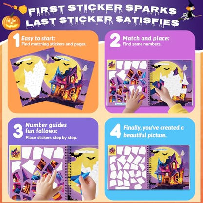 4PCS Paint by Number Sticker Book - Halloween Crafts & Acitivity Puzzles Book for Kids Ages 4-10, Travel Toys for Road Trip & Airplane,Perfect Halloween Gifts & Basket Stuffers for Kids - color: Halloween