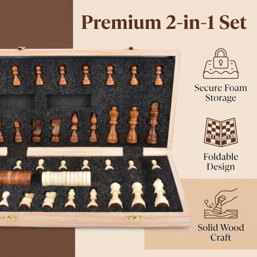 Magnetic Chess & Checkers Set 15", 2-in-1 Foldable Wooden Board | Melamine Surface, Exclusive Numbered Chess Board, Secure Storage Slots, Family Strategy Game for Kids and Adults