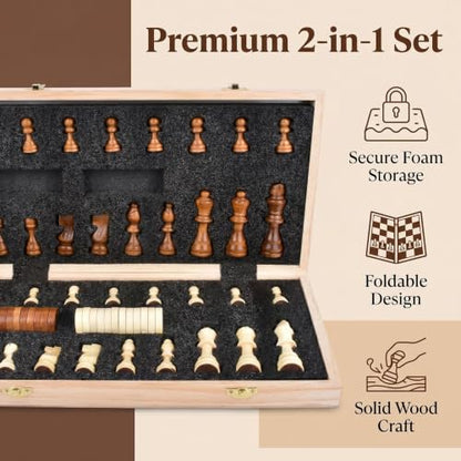 Magnetic Chess & Checkers Set 15", 2-in-1 Foldable Wooden Board | Melamine Surface, Exclusive Numbered Chess Board, Secure Storage Slots, Family Strategy Game for Kids and Adults