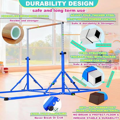 Marfula Gymnastic Bar For Kid and Teenage of 3-25, 5Ft/8 FT Base Length 4Ft Width 5Ft Adjust Height, Gymnastic Kip Bar For Gymnast, Gymnastic Training Equipment For Professional Training Home Club Use - color: Blue(New Style - 8 Ft Base)