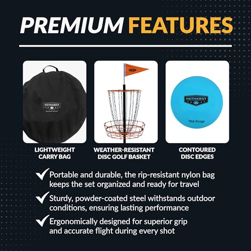 Hathaway 6-Player Disc Golf Set for Family – Frisbee Golf Basket with Weighted Discs, Sturdy Pole & Base, Chains, Anchors, Flag, Carry Bag – Complete Frisbee Golf Discs Set