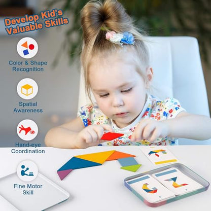 Vanmor Wooden Tangrams Sets Pattern Blocks, Shape Card Brain Teaser Puzzles Educational Toy, Travel Games for Kids Ages 4-8 Road Trip Essentials - color: Tangrams Set