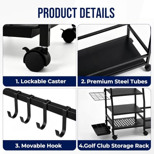 Golf Bag Storage Rack, Heavy Duty Golf Organizer with 4 Storage Zones & Lockable Wheels, Multi-Function Golf Bag Stand for Garage Basement Golf Club