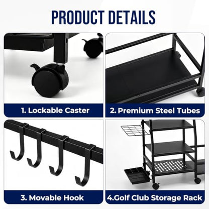 Golf Bag Storage Rack, Heavy Duty Golf Organizer with 4 Storage Zones & Lockable Wheels, Multi-Function Golf Bag Stand for Garage Basement Golf Club
