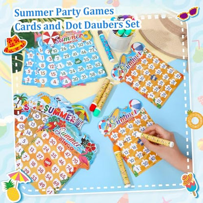 Eersida 192 Pack Summer Bingo Game Cards and 0.4 oz Dot Daubers Set Includes 144 Bingo Cards and 48 Dot Markers Summer Hawaiian Gifts Game Supplies for Beach Party Favor Family Casino Play Night - style: Summer
