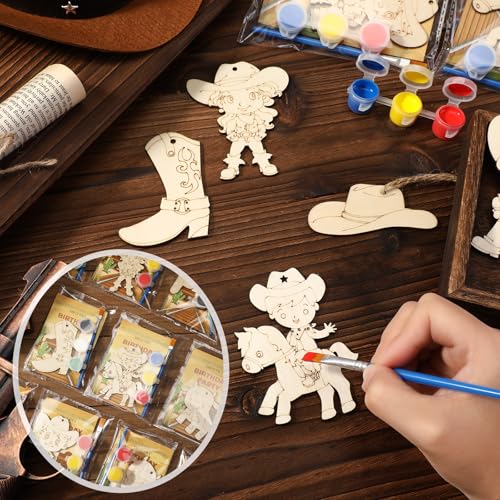 Saypacck 24 Pcs Western Cowboy Party Favors Wooden Painting Craft Kits Birthday Party Supplies with Organza Bag for Goodie Bags Fillers Adult Thank You Gifts - style: Western Cowboy