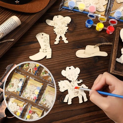 Saypacck 24 Pcs Western Cowboy Party Favors Wooden Painting Craft Kits Birthday Party Supplies with Organza Bag for Goodie Bags Fillers Adult Thank You Gifts - style: Western Cowboy