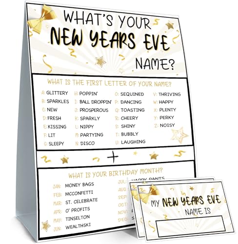 What's Your New Years Name, 1 Game Sign and 30 Name Stickers, Birthday Decor for Kids Party, Family Funny Games - style: Newyear