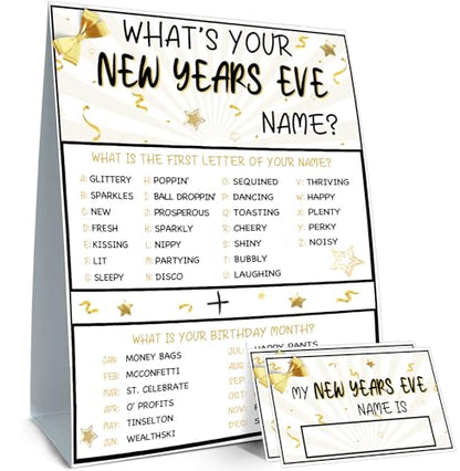 What's Your New Years Name, 1 Game Sign and 30 Name Stickers, Birthday Decor for Kids Party, Family Funny Games - style: Newyear