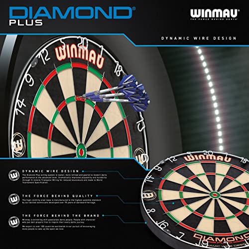 WINMAU Diamond Plus Dartboard - PDC Tournament Dart Board with High-Density Sisal & Reduced Bounce-Out Wiring - Available as Board Only, Surround Set or Cabinet Set with Steel Tip Darts